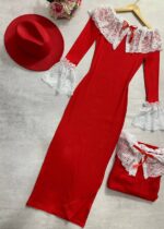 ماکسی قرمز یقه و آستین دانتل_کد1079 - Image 3